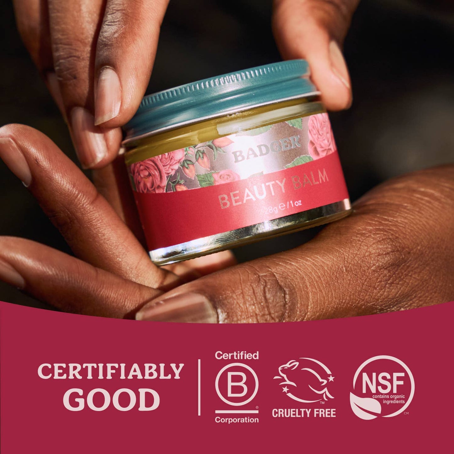 Badger Rose Beauty Balm, Organic Face Moisturizer: 1 oz Glass Jar