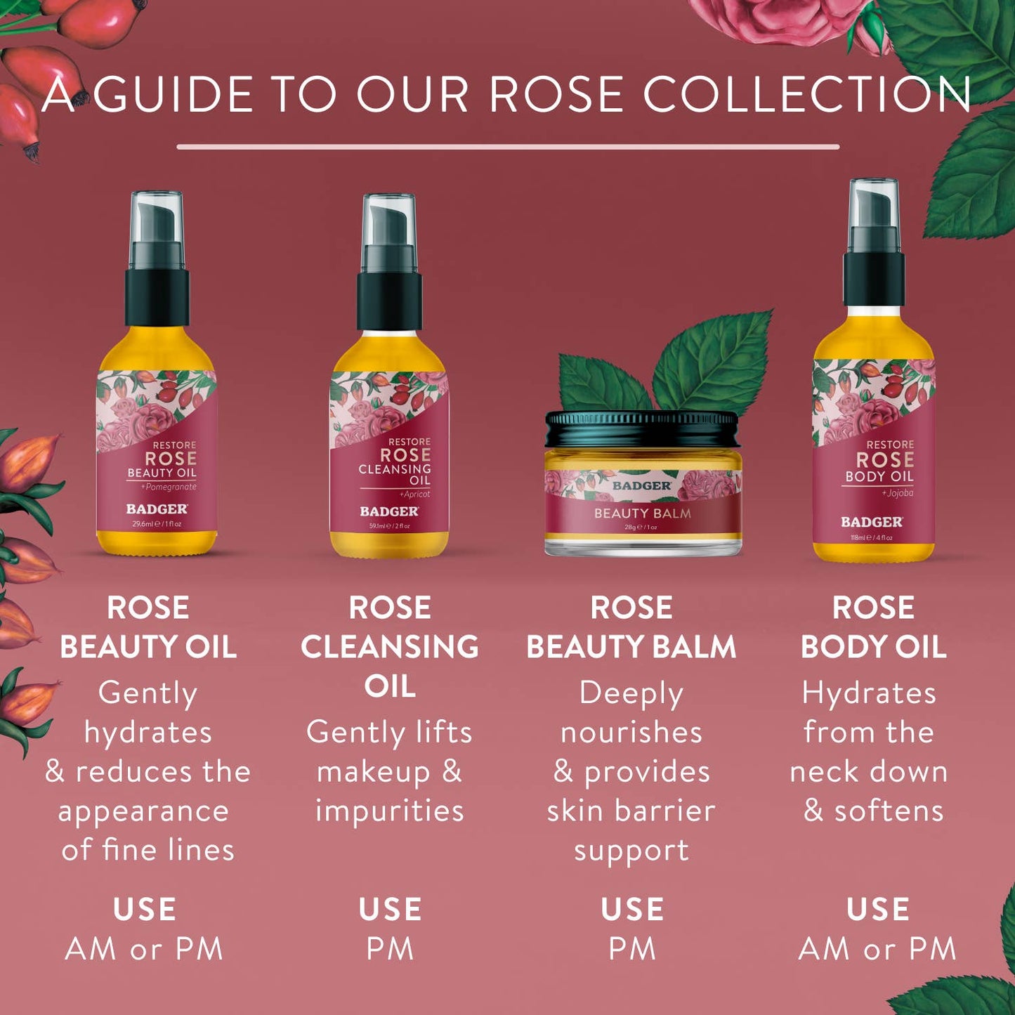 Badger Rose Cleansing Oil, Organic Facial Oil Cleanser: 2 fl oz Glass Bottle