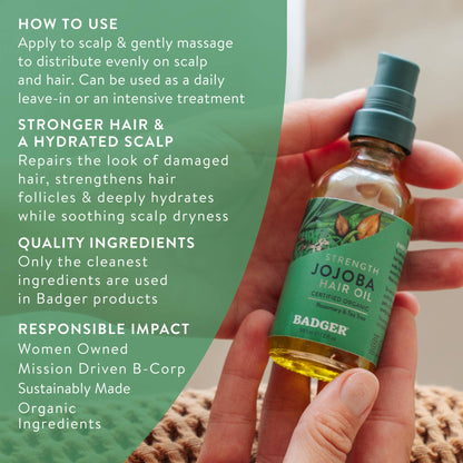 Badger Jojoba Hair Oil, Soothing & Moisturizing Scalp Oil: 2 fl oz Glass Bottle