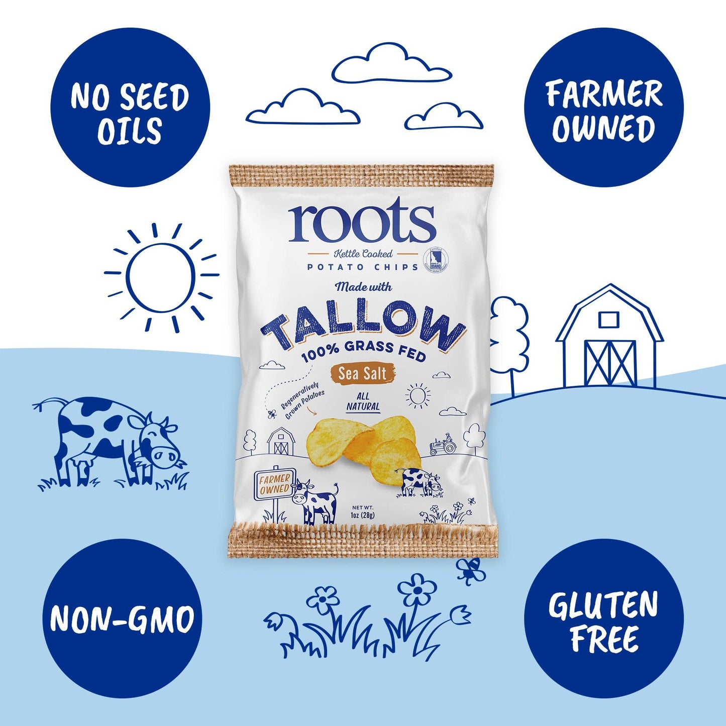 Tallow Sea Salt Kettle Cooked Potato Chips – Rich, Savory Flavor – Regenerative Idaho Potatoes Cooked in 100% Grass-Fed Beef Tallow, 1 oz