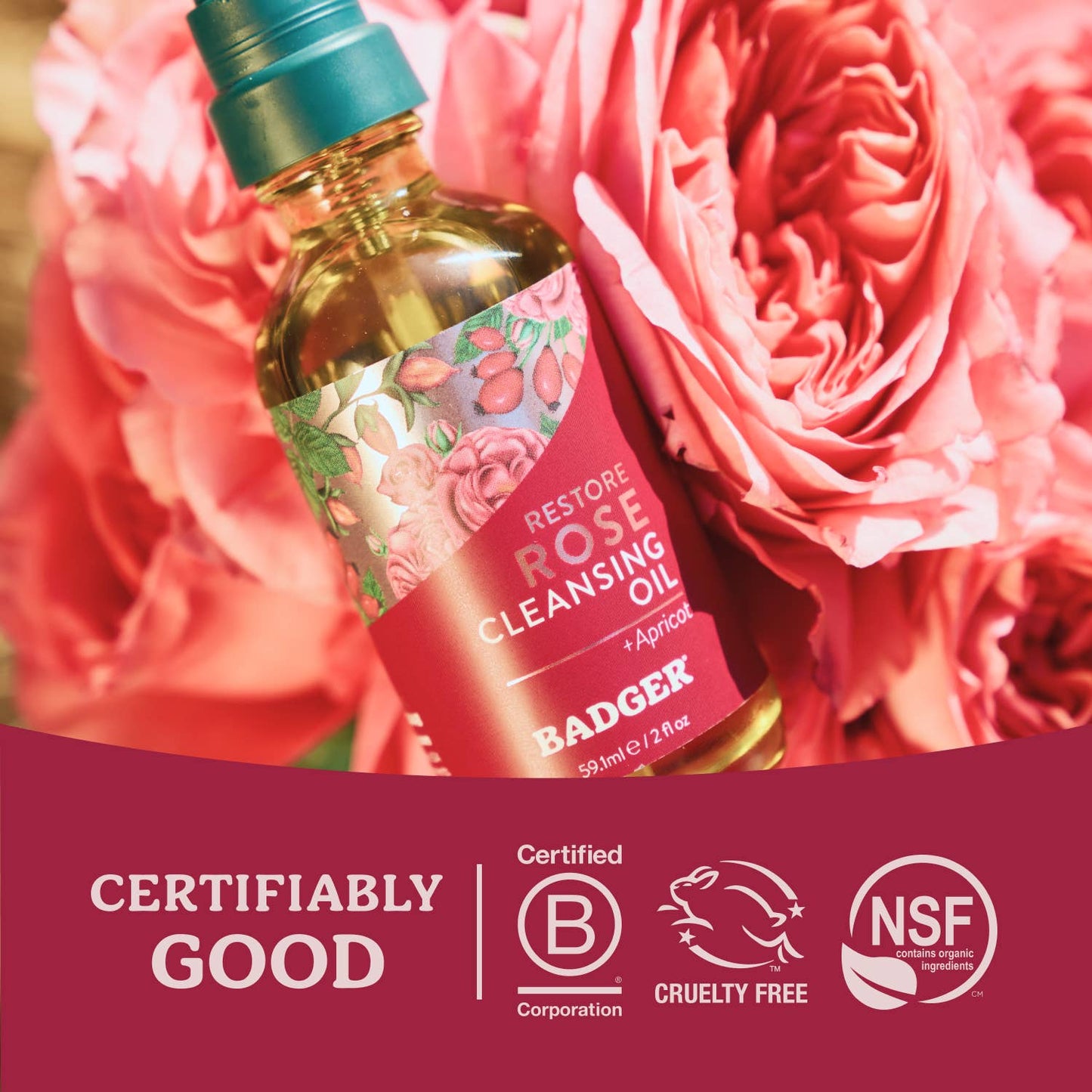 Badger Rose Cleansing Oil, Organic Facial Oil Cleanser: 2 fl oz Glass Bottle