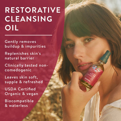 Badger Rose Cleansing Oil, Organic Facial Oil Cleanser: 2 fl oz Glass Bottle