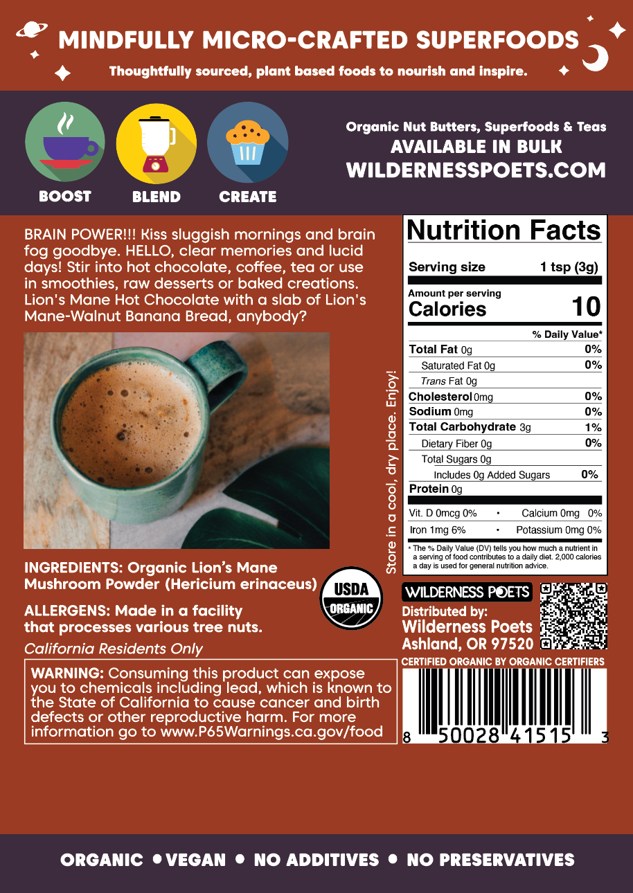 Organic Lion's Mane Mushroom Powder: 3.5 oz.