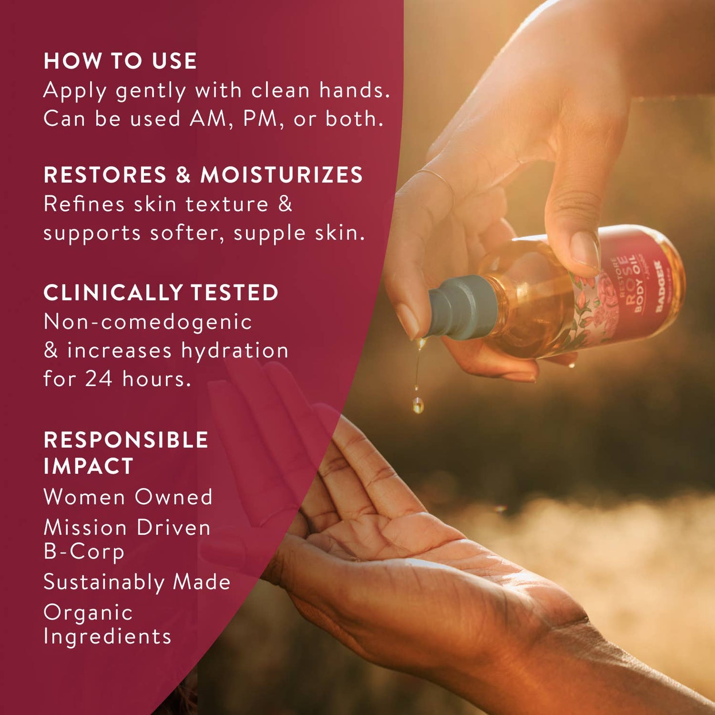 Badger Rose Body Oil, Organic Body Moisturizer
