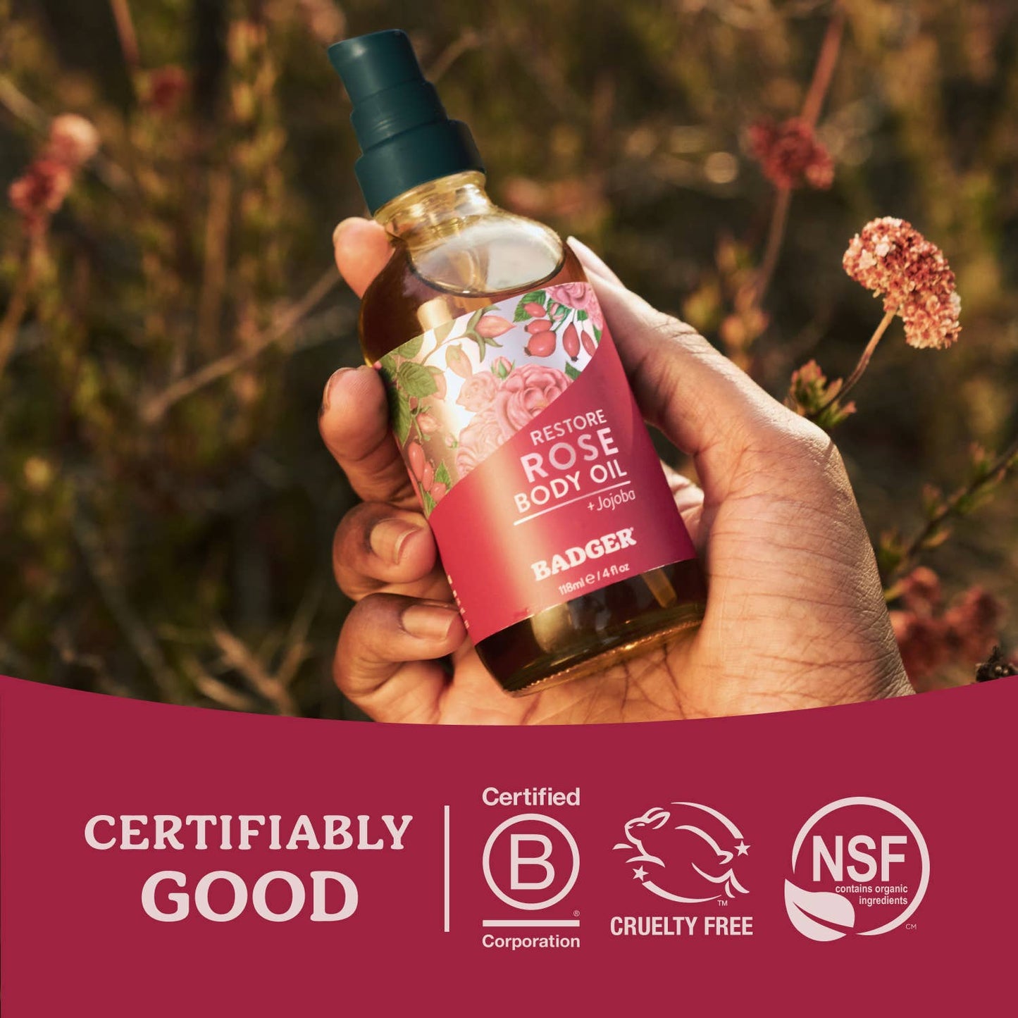 Badger Rose Body Oil, Organic Body Moisturizer