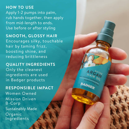 Badger Argan Hair Oil, Restore Shine to Dry Hair: 2 fl oz Glass Bottle