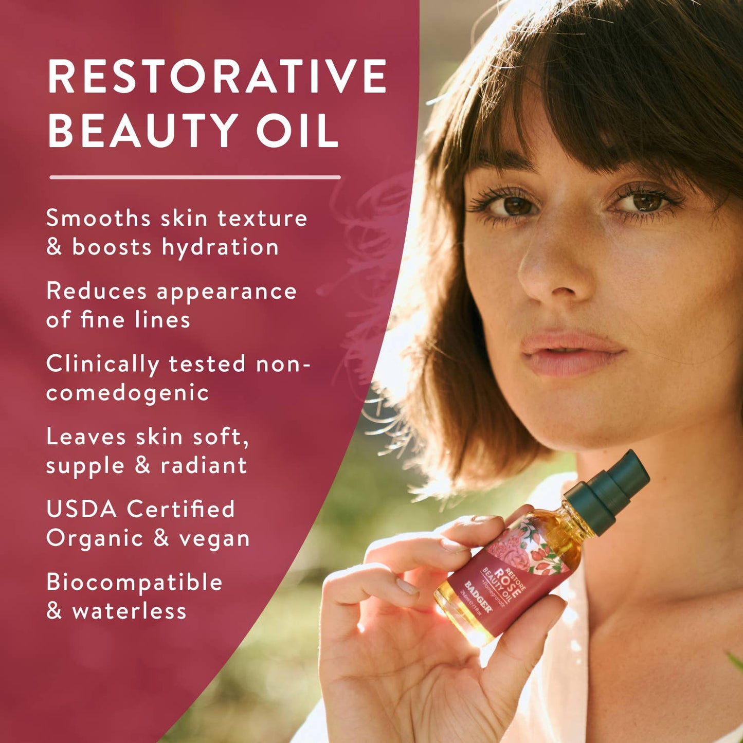Badger Rose Beauty Oil, Organic Moisturizing Facial Oil: 1 fl oz Glass Bottle