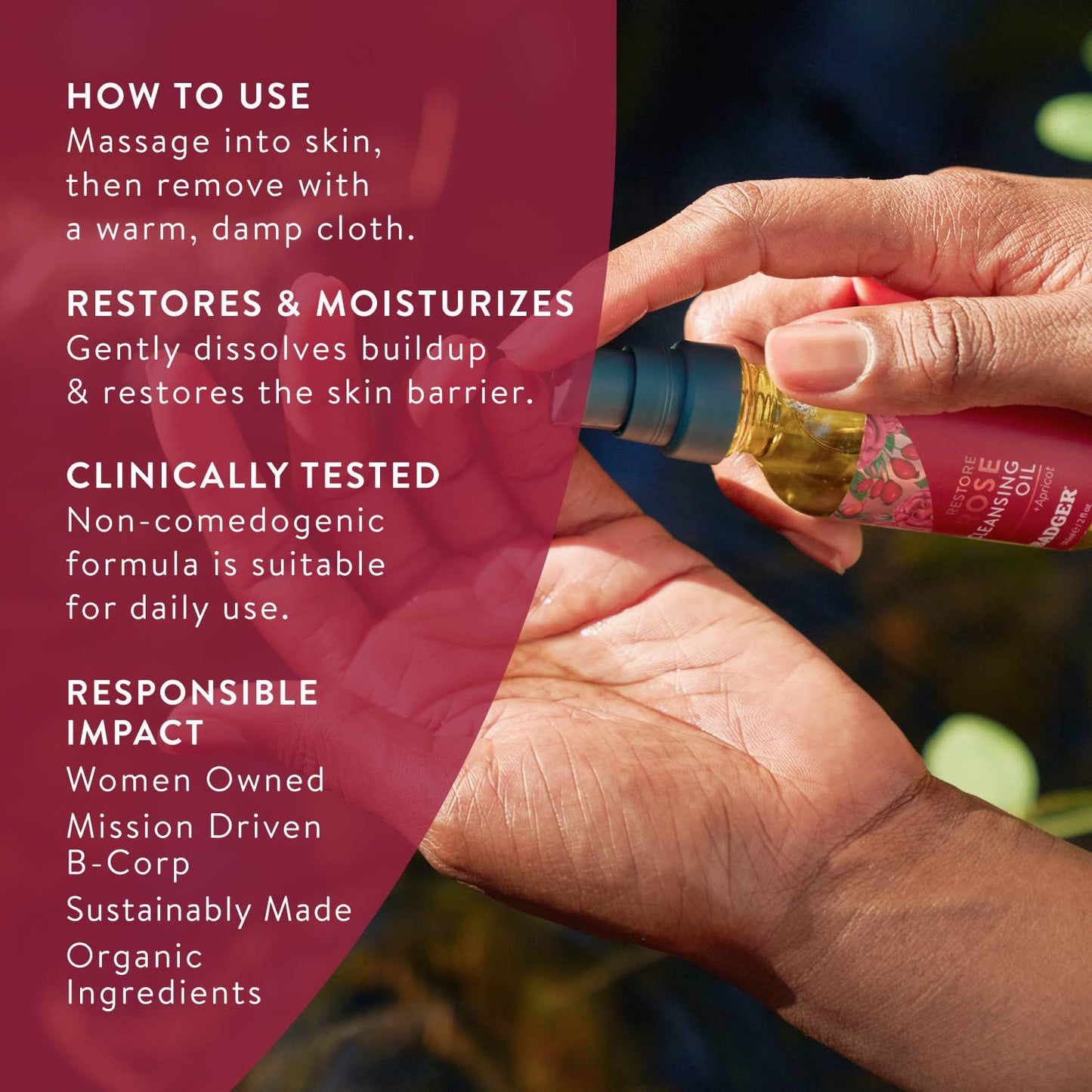 Badger Rose Cleansing Oil, Organic Facial Oil Cleanser: 2 fl oz Glass Bottle