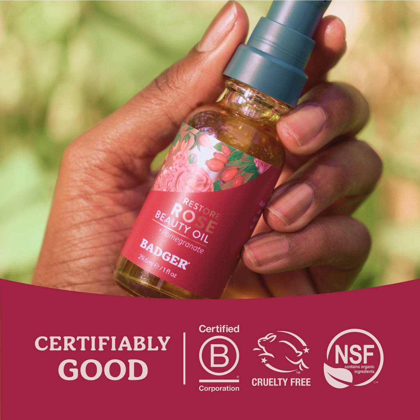 Badger Rose Beauty Oil, Organic Moisturizing Facial Oil: 1 fl oz Glass Bottle